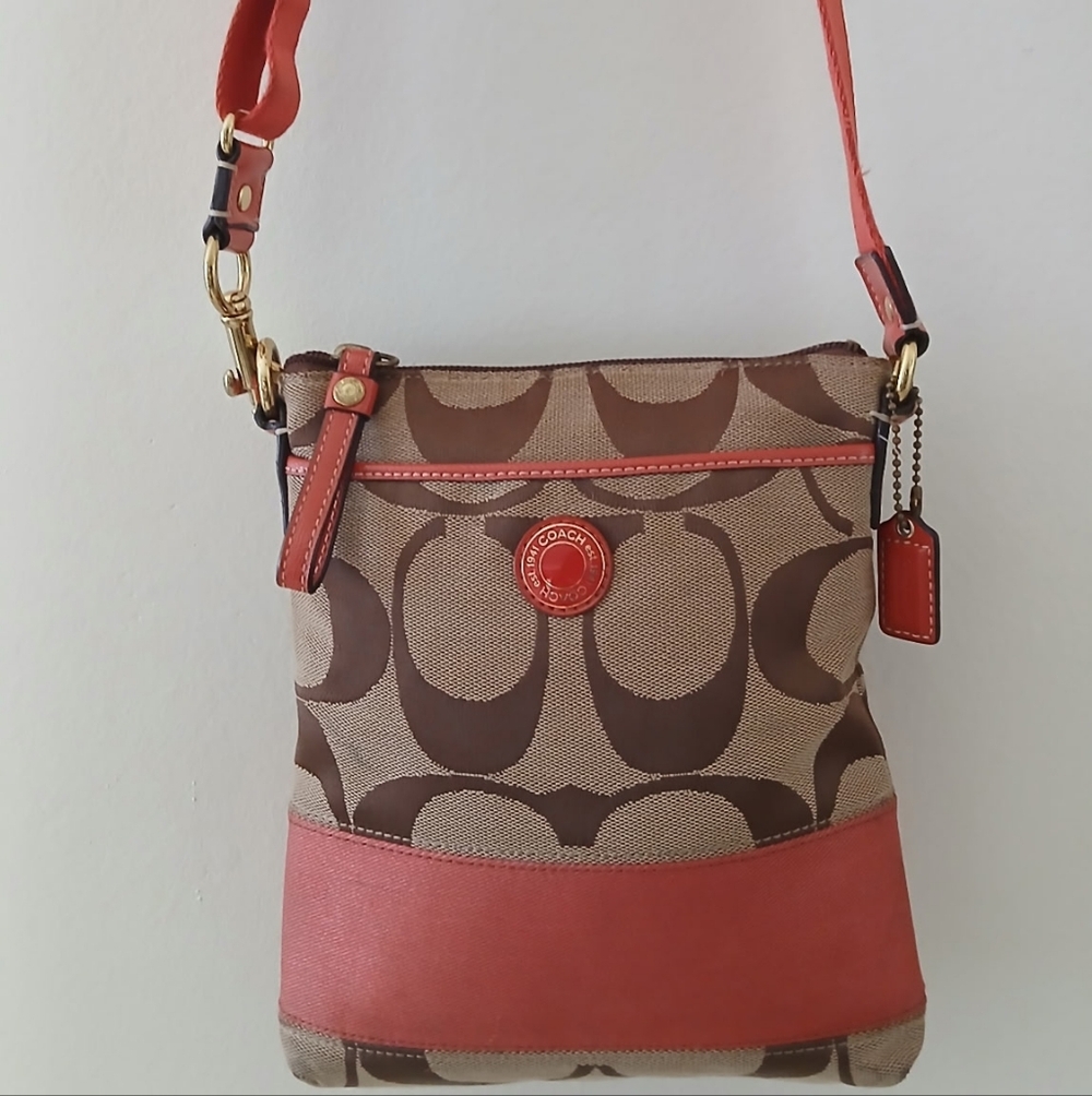 Coach Brown Signature Canvas Crossbody with Coral Trim Vintage Purse